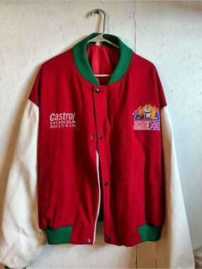 Vintage Castrol Honda Britain Red & White Varsity Jacket